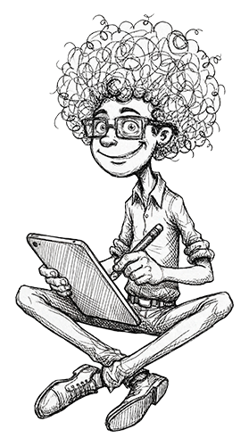 Simon sitting with tablet